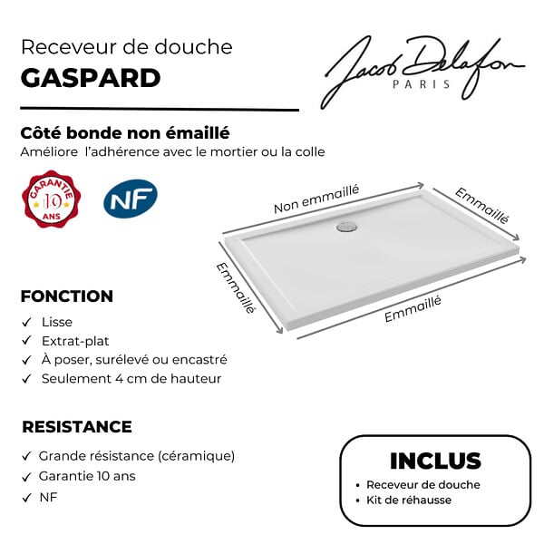 JACOB DELAFON - Receveur de douche 120 x 80 Gaspard extra-plat céramique + Kit de réhausse (5 pieds) - large