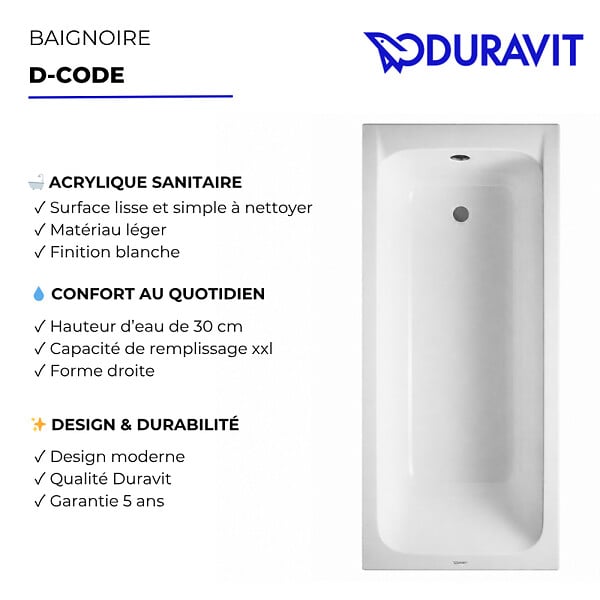 DURAVIT - Baignoire acrylique D-Code Duravit - Rectangulaire - 1700 x 750mm - Sur pieds - A encastrer - Blanc - large