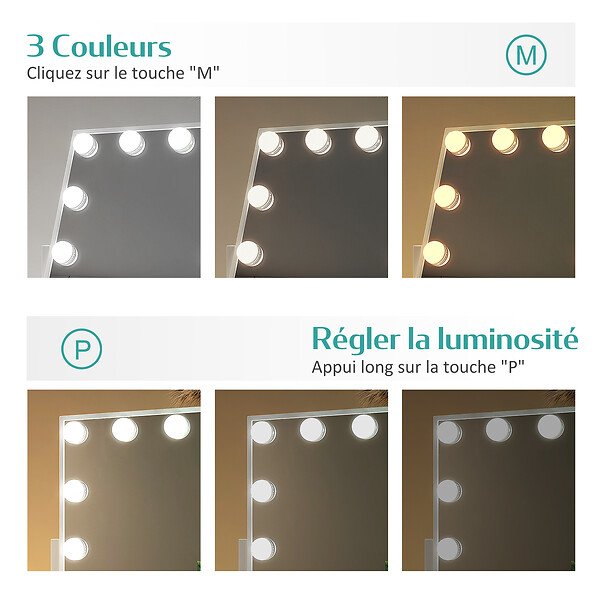 EMKE - EMKE Hollywood miroir de courtoisie avec lumière, 47.5x36.5cm blanc, miroir de coiffeuse pivotant à 360°, avec 3 lumières dimmables - large