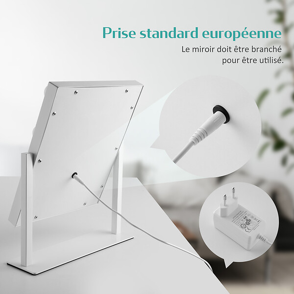EMKE - EMKE Hollywood miroir de courtoisie avec lumière, 47.5x36.5cm blanc, miroir de coiffeuse pivotant à 360°, avec 3 lumières dimmables - large