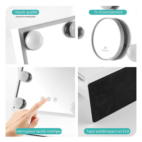 EMKE - EMKE Hollywood miroir de courtoisie avec lumière, 47.5x36.5cm blanc, miroir de coiffeuse pivotant à 360°, avec 3 lumières dimmables - large