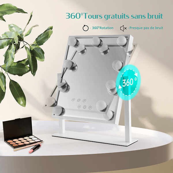 EMKE - EMKE Hollywood miroir de courtoisie avec lumière, 47.5x36.5cm blanc, miroir de coiffeuse pivotant à 360°, avec 3 lumières dimmables - large