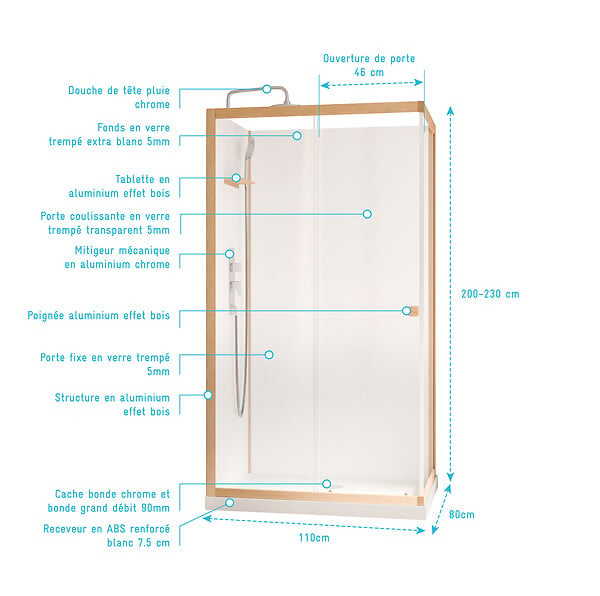 AURLANE - Cabine de Douche Rectangle 110x80x200/230cm Effet Bois et Fonds Blancs - Receveur Bas - large