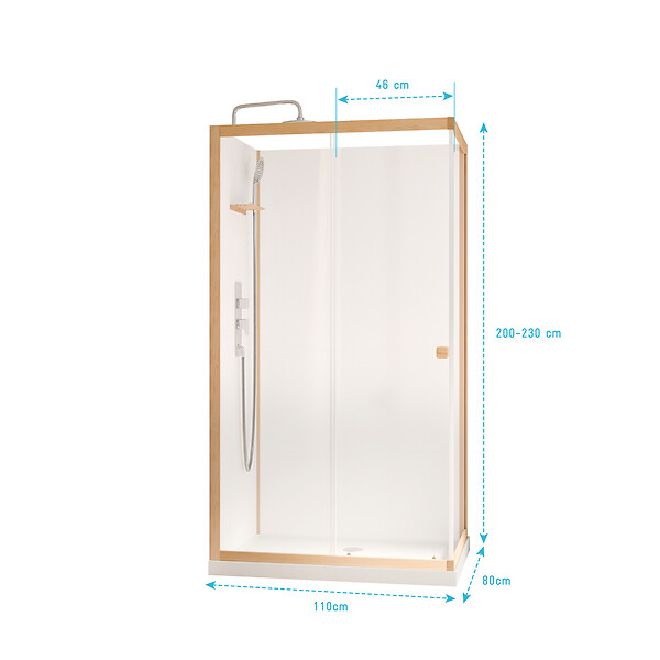 AURLANE - Cabine de Douche Rectangle 110x80x200/230cm Effet Bois et Fonds Blancs - Receveur Bas - large