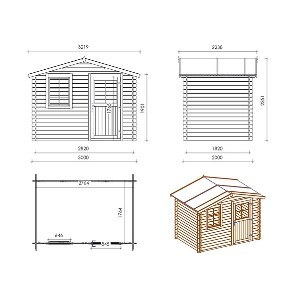ALTANKA - Abri de jardin en bois - 6m2 - 3x2m - Ep. 28mm - Couleur: naturel - DOM472 - large