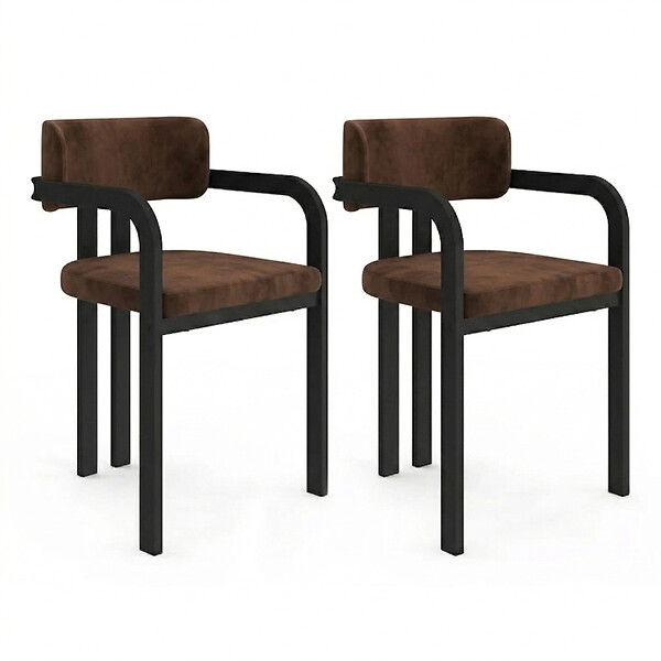 ID MARKET - Lot de 2 chaises de salle à manger, fauteuils de table ESMA en métal noir et velours marron avec accoudoirs - large