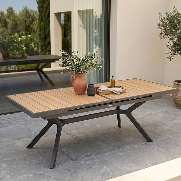 OVIALA - Table de jardin extensible 8 à 10 places en alu et effet bois 250cm - Savannah - large