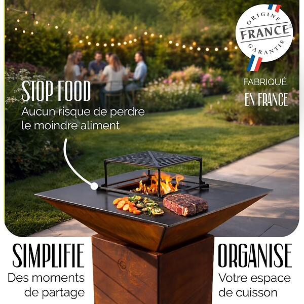 GRILL'CHIC - GRILL'CHIC - Pack Privilège Brasero Cévenol Corten Normal Carré - Simple Cuve - Avec Bâche + Grille + Stop Food Inclus - À Assembler - Fabriqué en France - 74 L x 74 P x 89 H cm - large