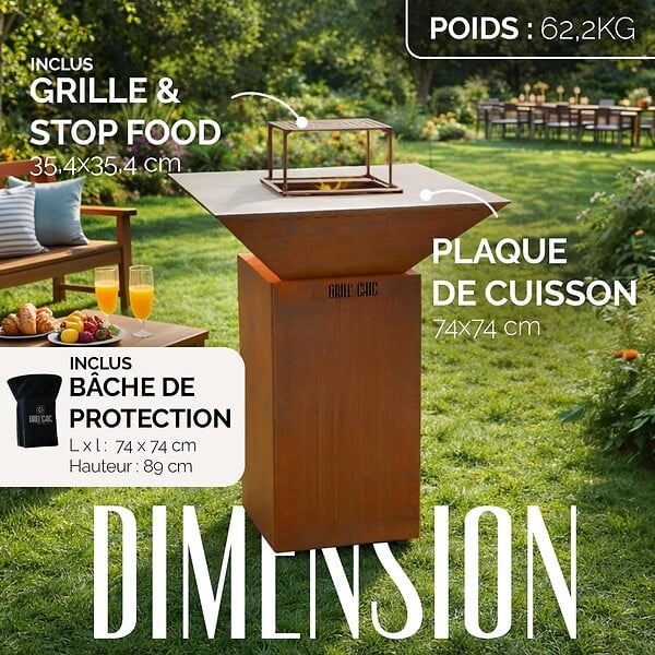 GRILL'CHIC - GRILL'CHIC - Pack Privilège Brasero Cévenol Corten Normal Carré - Simple Cuve - Avec Bâche + Grille + Stop Food Inclus - À Assembler - Fabriqué en France - 74 L x 74 P x 89 H cm - large