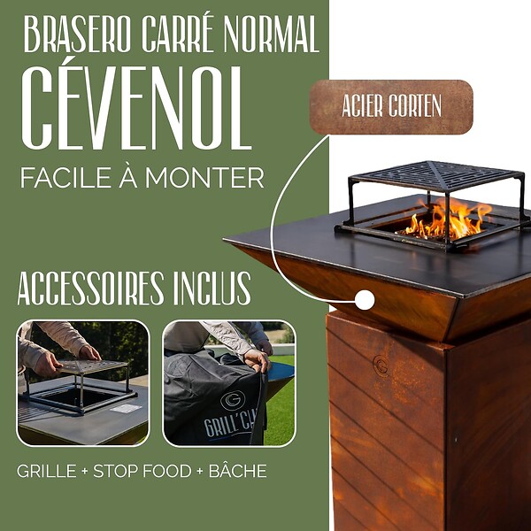 GRILL'CHIC - GRILL'CHIC - Pack Privilège Brasero Cévenol Corten Normal Carré - Simple Cuve - Avec Bâche + Grille + Stop Food Inclus - À Assembler - Fabriqué en France - 74 L x 74 P x 89 H cm - large