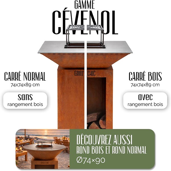 GRILL'CHIC - GRILL'CHIC - Pack Privilège Brasero Cévenol Corten Normal Carré - Simple Cuve - Avec Bâche + Grille + Stop Food Inclus - À Assembler - Fabriqué en France - 74 L x 74 P x 89 H cm - large