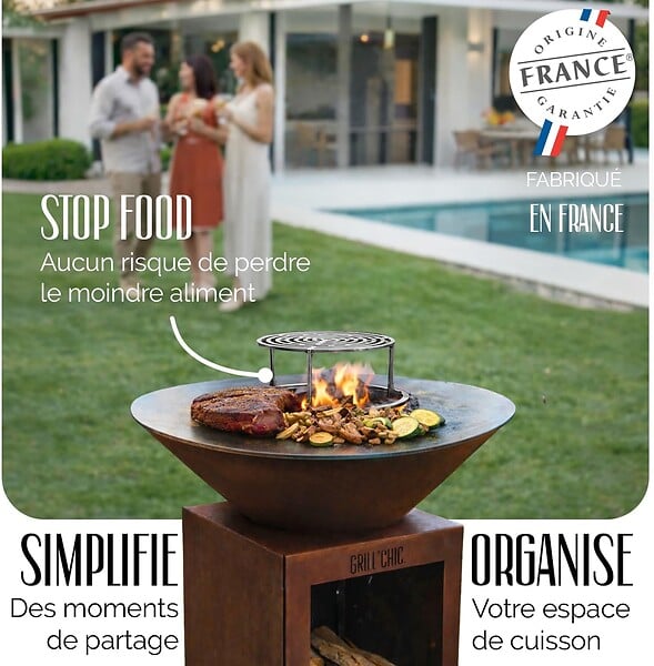 GRILL'CHIC - GRILL'CHIC - Pack Privilège Brasero Cévenol Corten Bois Rond - Simple Cuve - Avec Bâche + Grille + Stop Food Inclus - À Assembler - Fabriqué en France - Ø74 x 90 cm - large