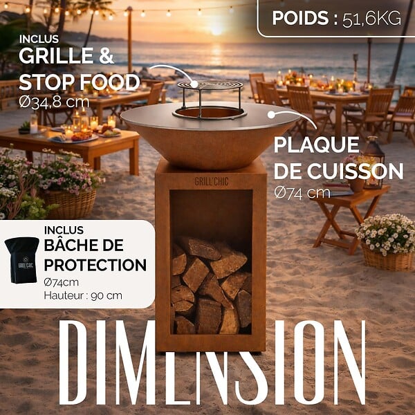 GRILL'CHIC - GRILL'CHIC - Pack Privilège Brasero Cévenol Corten Bois Rond - Simple Cuve - Avec Bâche + Grille + Stop Food Inclus - À Assembler - Fabriqué en France - Ø74 x 90 cm - large