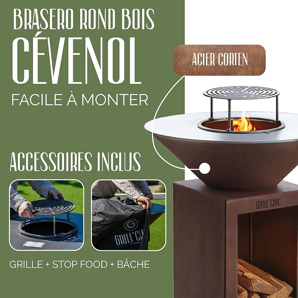 GRILL'CHIC - GRILL'CHIC - Pack Privilège Brasero Cévenol Corten Bois Rond - Simple Cuve - Avec Bâche + Grille + Stop Food Inclus - À Assembler - Fabriqué en France - Ø74 x 90 cm - large