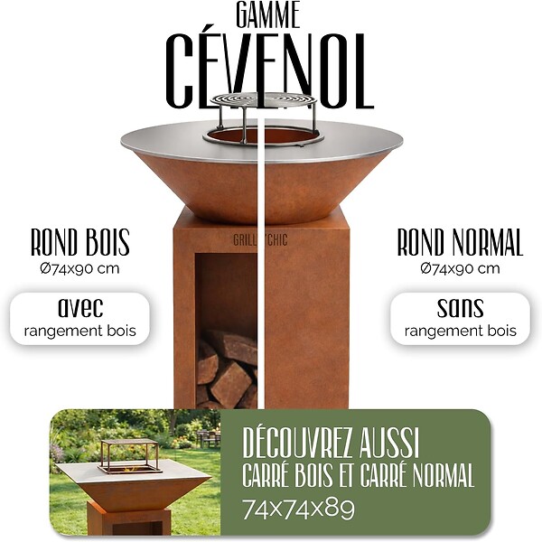 GRILL'CHIC - GRILL'CHIC - Pack Privilège Brasero Cévenol Corten Bois Rond - Simple Cuve - Avec Bâche + Grille + Stop Food Inclus - À Assembler - Fabriqué en France - Ø74 x 90 cm - large