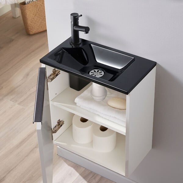 GODART - Meuble lave-mains pour wc couleur blanc finition vasque noir et robinet noir - large
