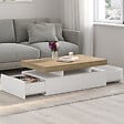 ID MARKET - Table basse rectangulaire ELSA 100 cm 2 tiroirs en bois blanc et plateau façon hêtre - vignette