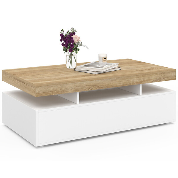 ID MARKET - Table basse rectangulaire ELSA 100 cm 2 tiroirs en bois blanc et plateau façon hêtre - large