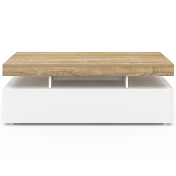 ID MARKET - Table basse rectangulaire ELSA 100 cm 2 tiroirs en bois blanc et plateau façon hêtre - large