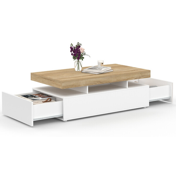 ID MARKET - Table basse rectangulaire ELSA 100 cm 2 tiroirs en bois blanc et plateau façon hêtre - large