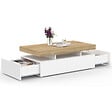 ID MARKET - Table basse rectangulaire ELSA 100 cm 2 tiroirs en bois blanc et plateau façon hêtre - vignette