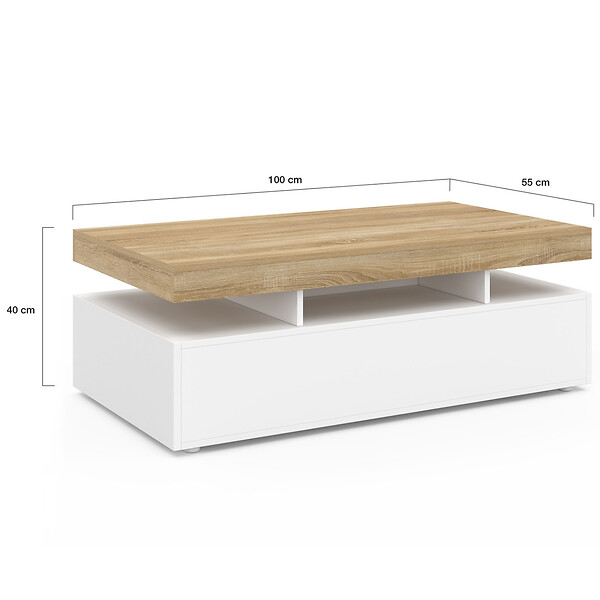 ID MARKET - Table basse rectangulaire ELSA 100 cm 2 tiroirs en bois blanc et plateau façon hêtre - large