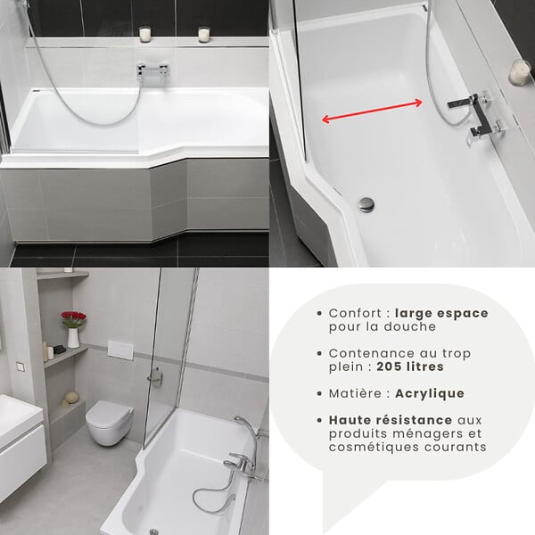 LAGUNA - 160x80 cm Laguna Beata Plus baignoire bain/douche asymétrique avec pieds, acrylique, droite, blanc (BE1600PPLUS-SET) - large