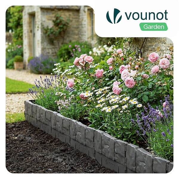 VOUNOT - Lot de 14 pcs Bordure de jardin imitation pierre facile a installer 2.14m gris - large
