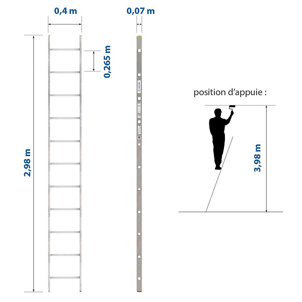 HOSTRÃ–M - Echelle simple StablePro 11 marches en aluminium, légère et durable, hauteur de travail maximale 3,98m, garantie 5 ans, charge maximale 150kg, Hostrom - large