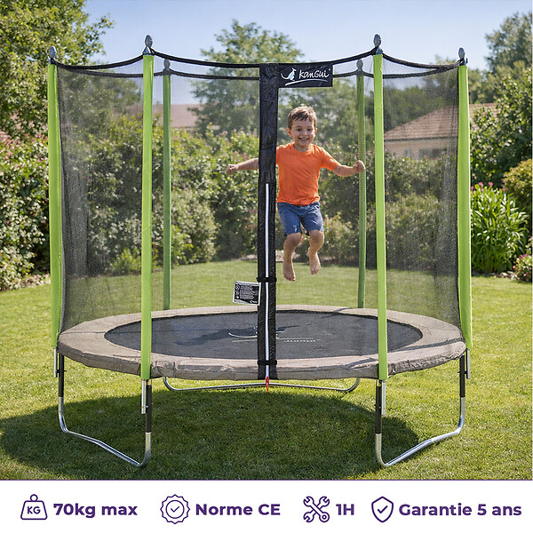 KANGUI - Trampoline jardin Ø 250 cm + filet + échelle + bâche - JUMPI 250 - Taupe/Vert - large
