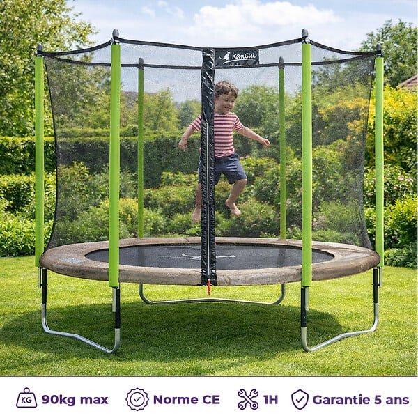 KANGUI - Trampoline jardin Ø 300 cm + échelle + kit d'ancrage - JUMPI 300 - Taupe/Vert - large