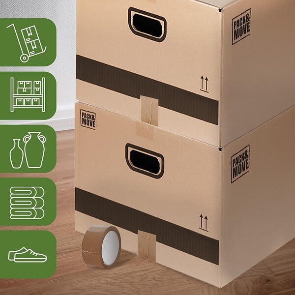 PACK AND MOVE - Pack and Move - Lot 50 Cartons Déménagement Stockage M - 60 x 40 x 30 cm - Poignées renforcées - 3 adhésifs offerts - large