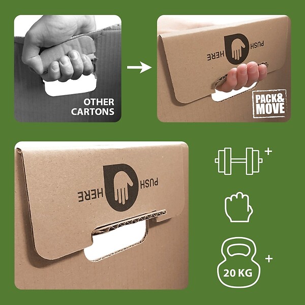 PACK AND MOVE - Pack and Move - Lot 60 Cartons Déménagement Premium - 60 X 30 X 30 - Extrême Résistance 30KG - Réutilisable - Poignées Renforcées - 3 Adhésifs Offerts - large