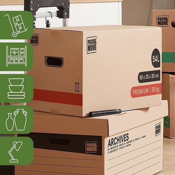 PACK AND MOVE - Pack and Move - Lot 20 Cartons Déménagement Premium - 60 X 30 X 30 - Extrême Résistance 30KG - Réutilisable - Poignées Renforcées - 1 Adhésif Offert - large