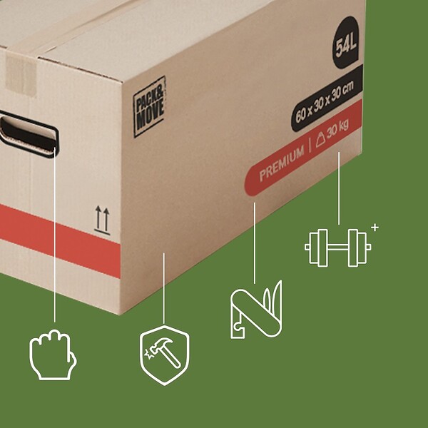 PACK AND MOVE - Pack and Move - Lot 40 Cartons Déménagement Premium - 60 X 30 X 30 - Extrême Résistance 30KG - Réutilisable - Poignées Renforcées - 2 Adhésifs Offerts - large