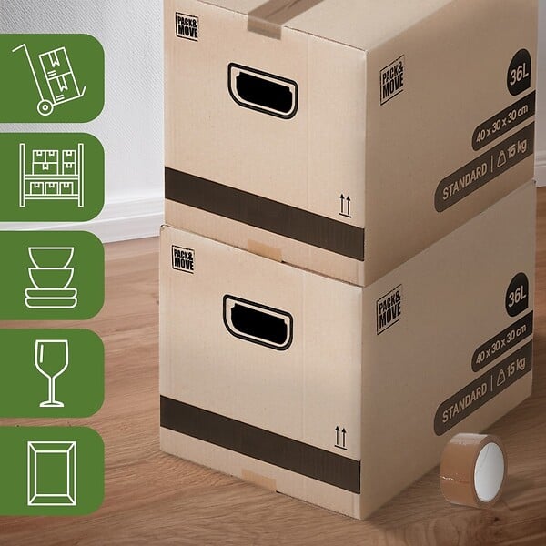 PACK AND MOVE - Pack and Move - Lot 60 cartons déménagement stockage livres - 40 x 30 x 30 cm - Poignées renforcées - 3 adhésifs offerts - large