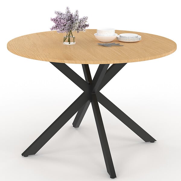 ID MARKET - Table de jardin ronde MESSINA 120 cm 6 personnes pied araignée plateau métal effet bois - large