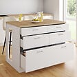 ID MARKET - Ilot central mange-debout ORSO 120 cm casserolier 6 tiroirs blanc avec plan de travail façon hêtre - vignette