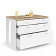 ID MARKET - Ilot central mange-debout ORSO 120 cm casserolier 6 tiroirs blanc avec plan de travail façon hêtre - vignette