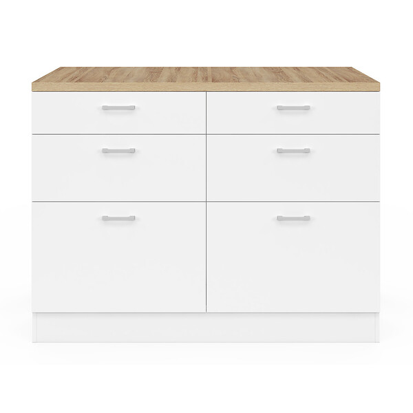 ID MARKET - Ilot central mange-debout ORSO 120 cm casserolier 6 tiroirs blanc avec plan de travail façon hêtre - large