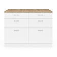 ID MARKET - Ilot central mange-debout ORSO 120 cm casserolier 6 tiroirs blanc avec plan de travail façon hêtre - vignette