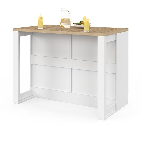 ID MARKET - Ilot central mange-debout ORSO 120 cm casserolier 6 tiroirs blanc avec plan de travail façon hêtre - large