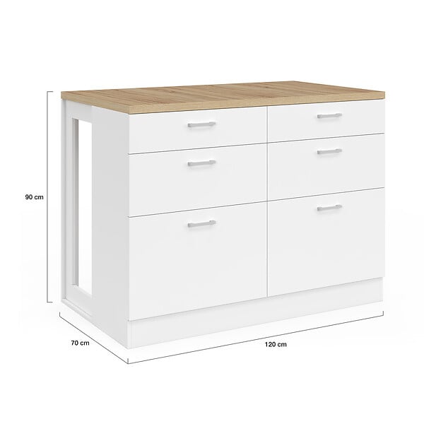 ID MARKET - Ilot central mange-debout ORSO 120 cm casserolier 6 tiroirs blanc avec plan de travail façon hêtre - large