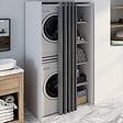 ID MARKET - Meuble de buanderie double machine à laver avec rideau coulissant gris WALLIS blanc - vignette
