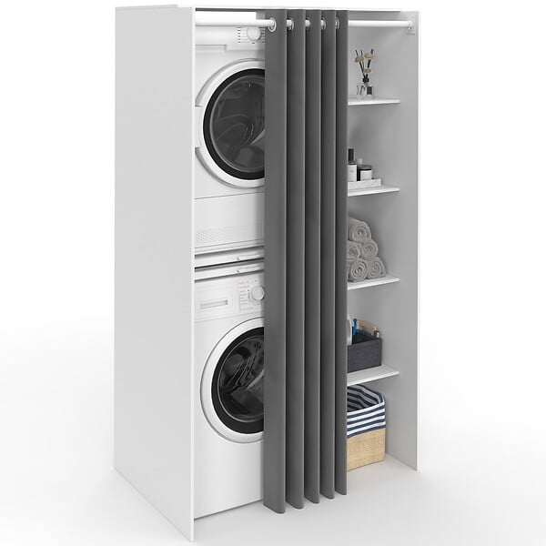 ID MARKET - Meuble de buanderie double machine à laver avec rideau coulissant gris WALLIS blanc - large