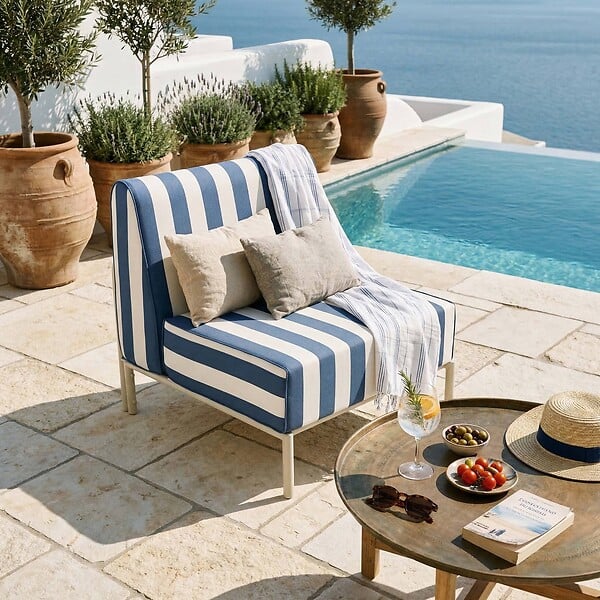 OVIALA - Chauffeuse rayé pour salon de jardin modulable en tissu bleu pacific - Patio - large