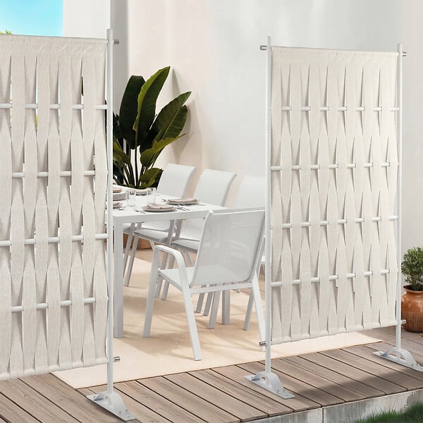 ID MARKET - Paravent extérieur claustra décoratif 80 x 150 cm sangles beige et métal blanc - large