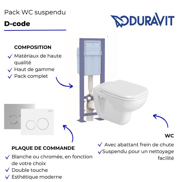 DURAVIT - Pack WC suspendu D-code + bati support + plaque + tabouret physiologique bois - large