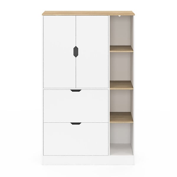 ID MARKET - Meuble de rangement L. 80 cm NOUK pour bureau, chambre, entrée avec 3 portes et 2 tiroirs blanc et bois - large