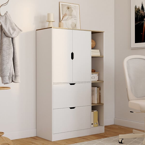 ID MARKET - Meuble de rangement L. 80 cm NOUK pour bureau, chambre, entrée avec 3 portes et 2 tiroirs blanc et bois - large